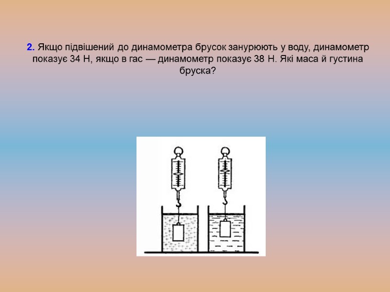 2. Якщо підвішений до динамометра брусок занурюють у воду, динамометр показує 34 Н, якщо